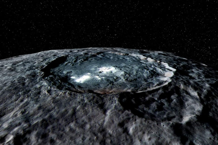 Occator Crater on Ceres with bight salt deposits deposits from recent activity